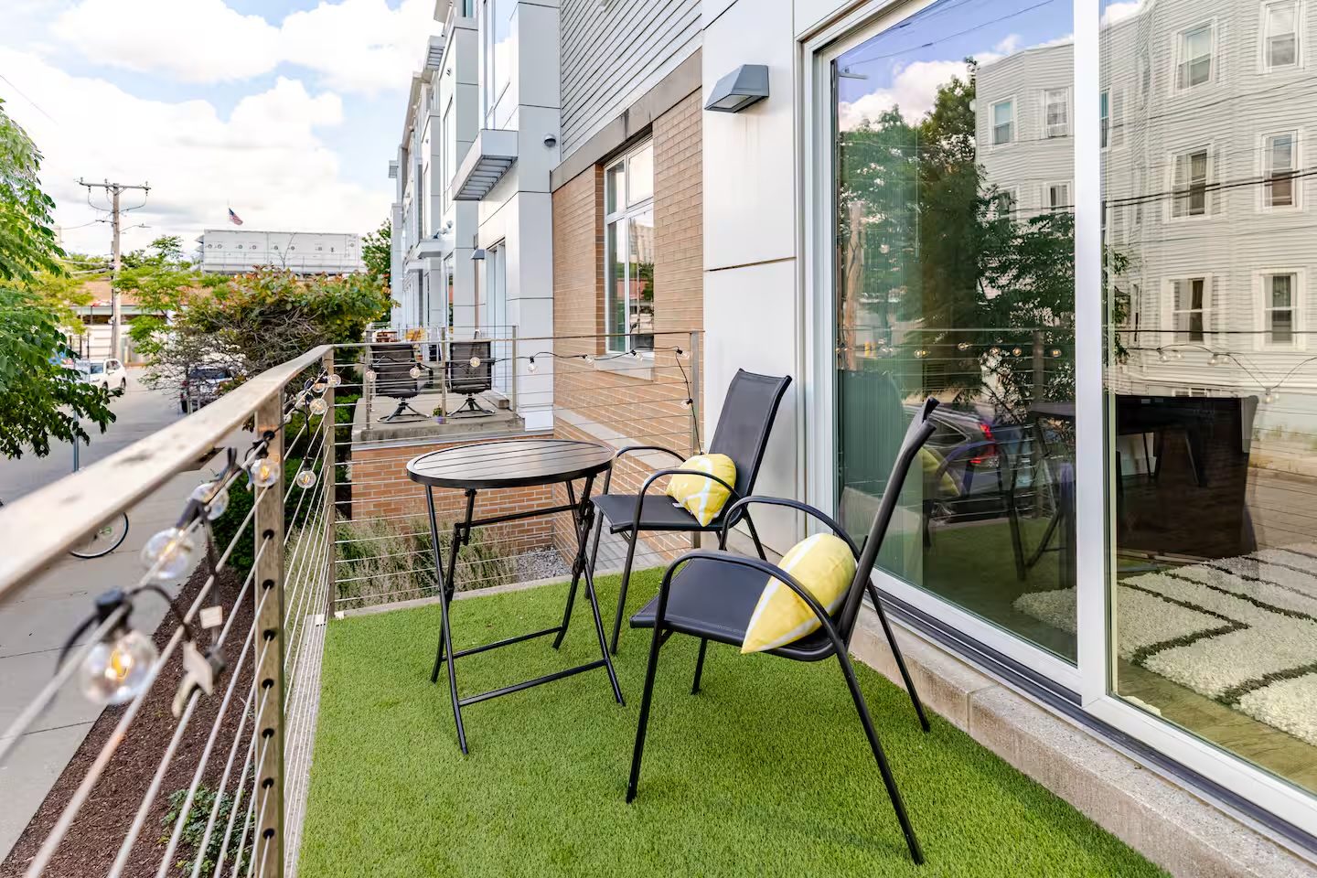 A furnished residence in Cambridge, looking out to the balcony